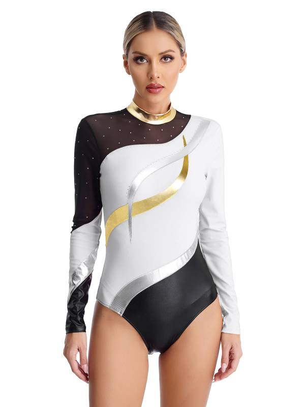 Women Color Block Rhinestone Long Sleeve Gymnastics Leotard thumb