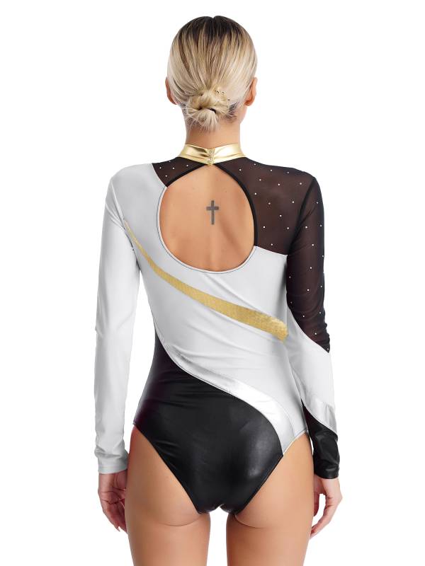 Women Color Block Rhinestone Long Sleeve Gymnastics Leotard thumb