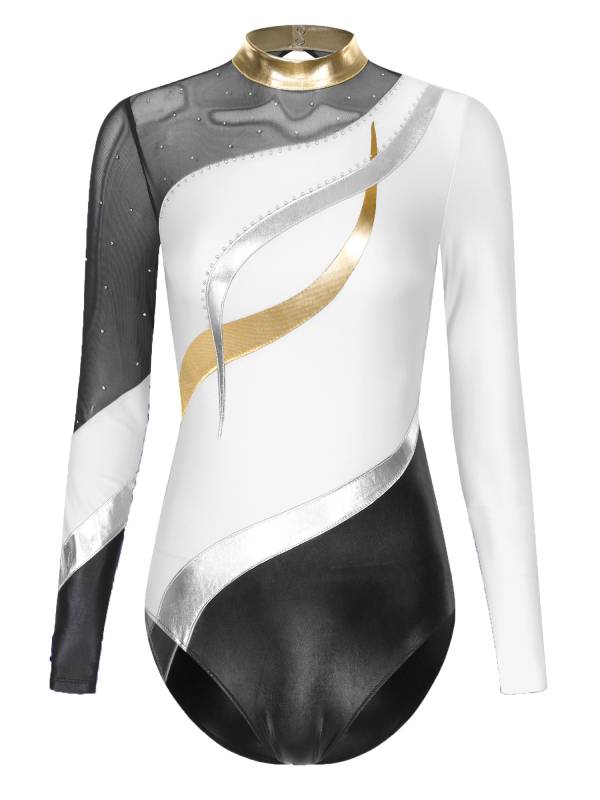 Women Color Block Rhinestone Long Sleeve Gymnastics Leotard thumb