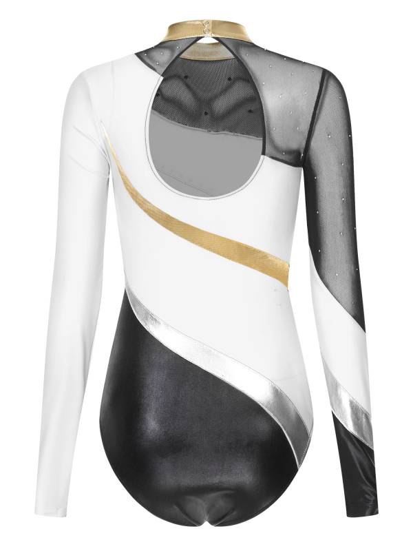 Women Color Block Rhinestone Long Sleeve Gymnastics Leotard thumb