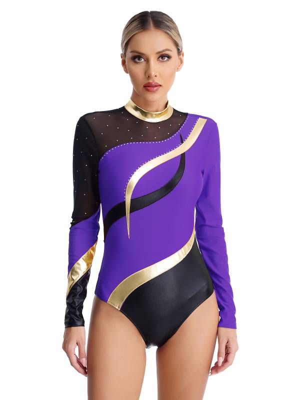 Women Color Block Rhinestone Long Sleeve Gymnastics Leotard thumb