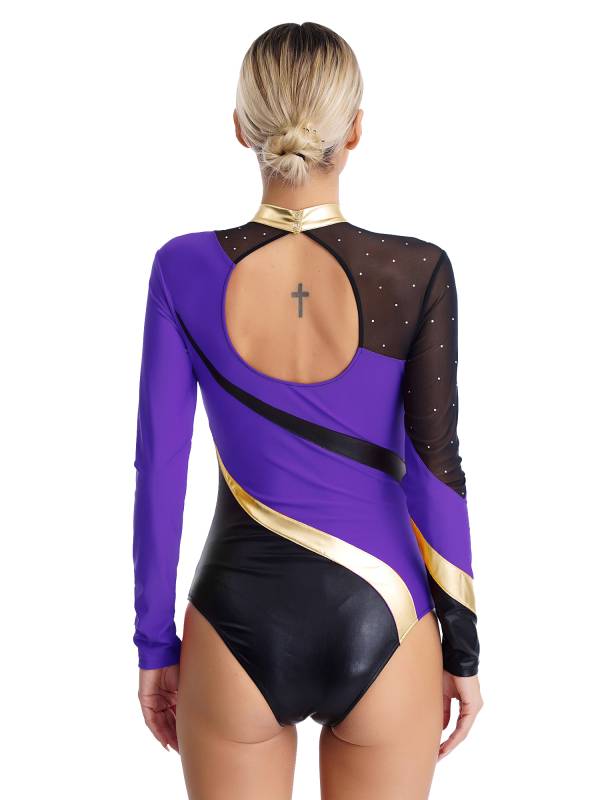 Women Color Block Rhinestone Long Sleeve Gymnastics Leotard thumb