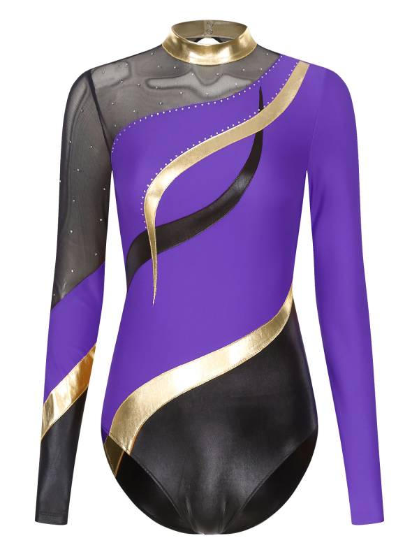 Women Color Block Rhinestone Long Sleeve Gymnastics Leotard thumb