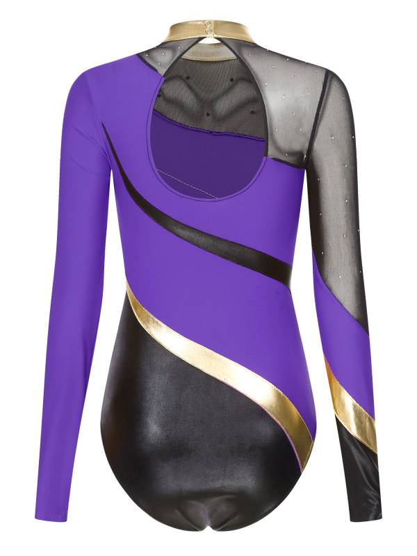 Women Color Block Rhinestone Long Sleeve Gymnastics Leotard thumb
