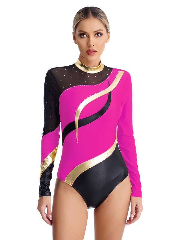 Women Color Block Rhinestone Long Sleeve Gymnastics Leotard thumb