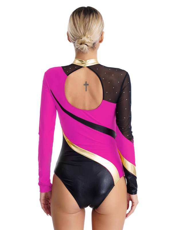 Women Color Block Rhinestone Long Sleeve Gymnastics Leotard thumb