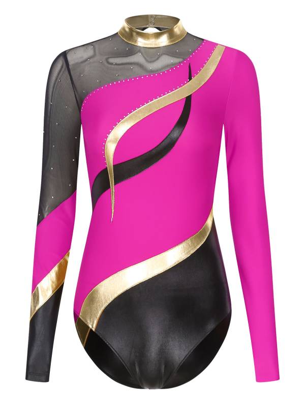 Women Color Block Rhinestone Long Sleeve Gymnastics Leotard thumb