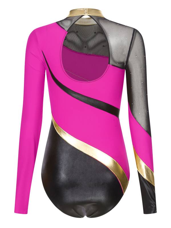 Women Color Block Rhinestone Long Sleeve Gymnastics Leotard thumb