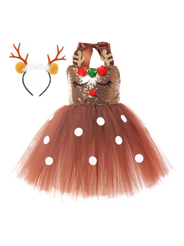 Kids Girls Christmas Reindeer Sleeveless Sequins Tutu Dress with Hairband thumb
