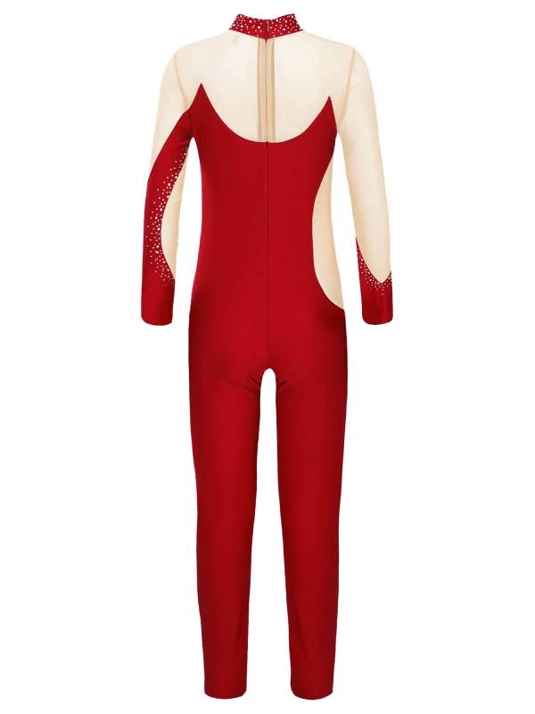 Kids Girls Gymnastics Costume Long Sleeve Rhinestones Dance Unitard thumb