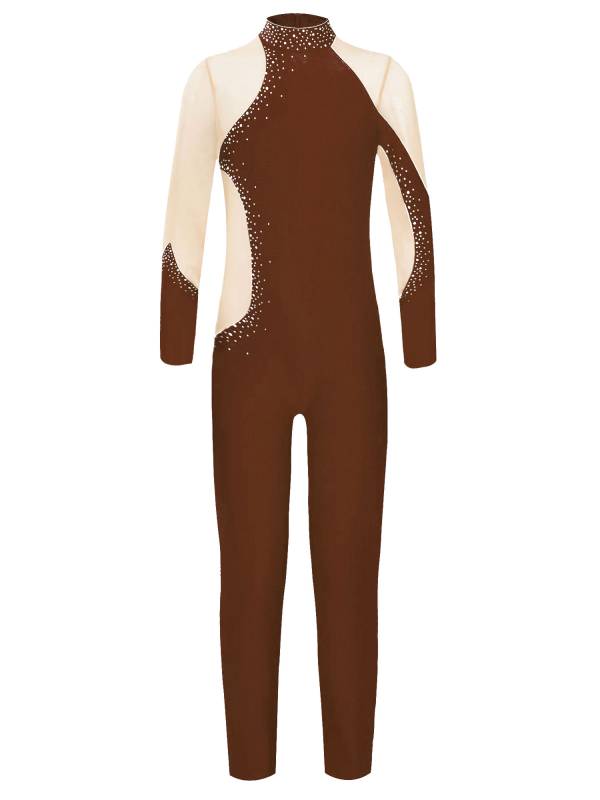 Kids Girls Gymnastics Costume Long Sleeve Rhinestones Dance Unitard thumb