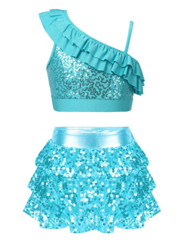 Kids Girls 2pcs Sequin Crop Top and Culottes Jazz Dance Set thumb
