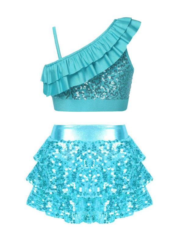 Kids Girls 2pcs Sequin Crop Top and Culottes Jazz Dance Set thumb