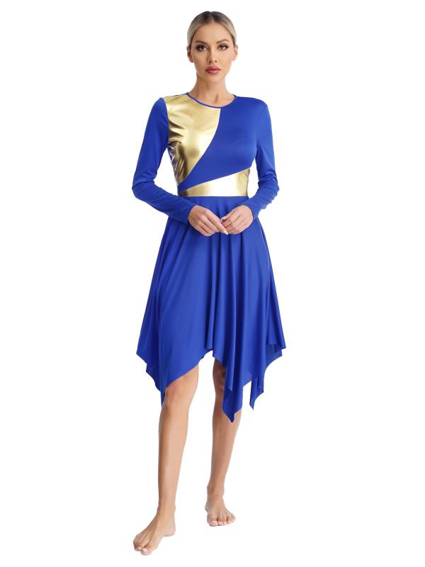 Women Long Sleeve Metallic Asymmetrical Praise Dance Dress thumb
