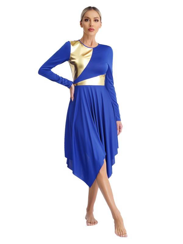 Women Long Sleeve Metallic Asymmetrical Praise Dance Dress thumb