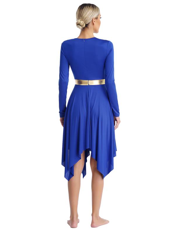 Women Long Sleeve Metallic Asymmetrical Praise Dance Dress thumb