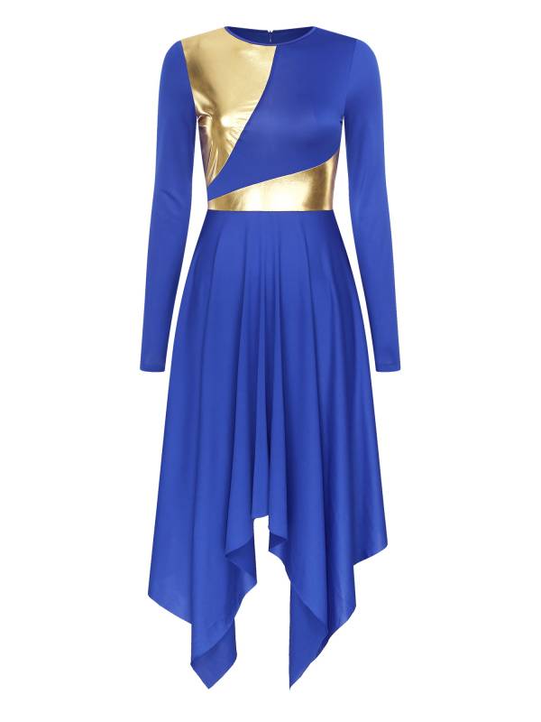 Women Long Sleeve Metallic Asymmetrical Praise Dance Dress thumb