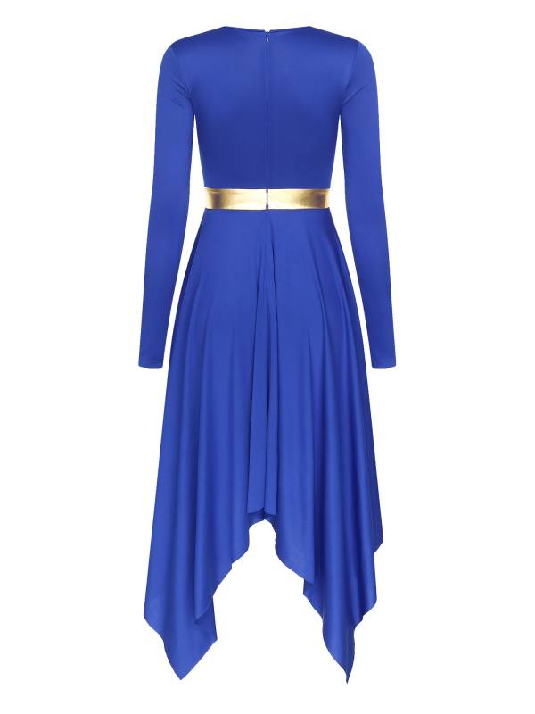 Women Long Sleeve Metallic Asymmetrical Praise Dance Dress thumb