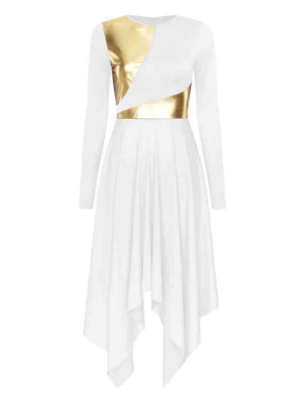 Women Long Sleeve Metallic Asymmetrical Praise Dance Dress thumb