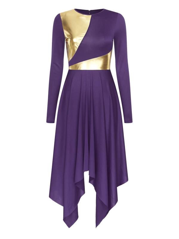 Women Long Sleeve Metallic Asymmetrical Praise Dance Dress thumb
