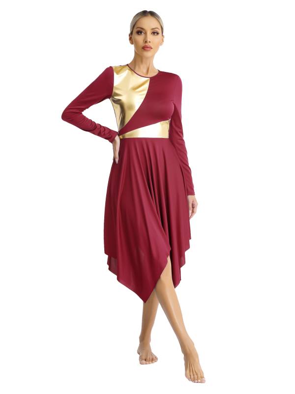 Women Long Sleeve Metallic Asymmetrical Praise Dance Dress thumb