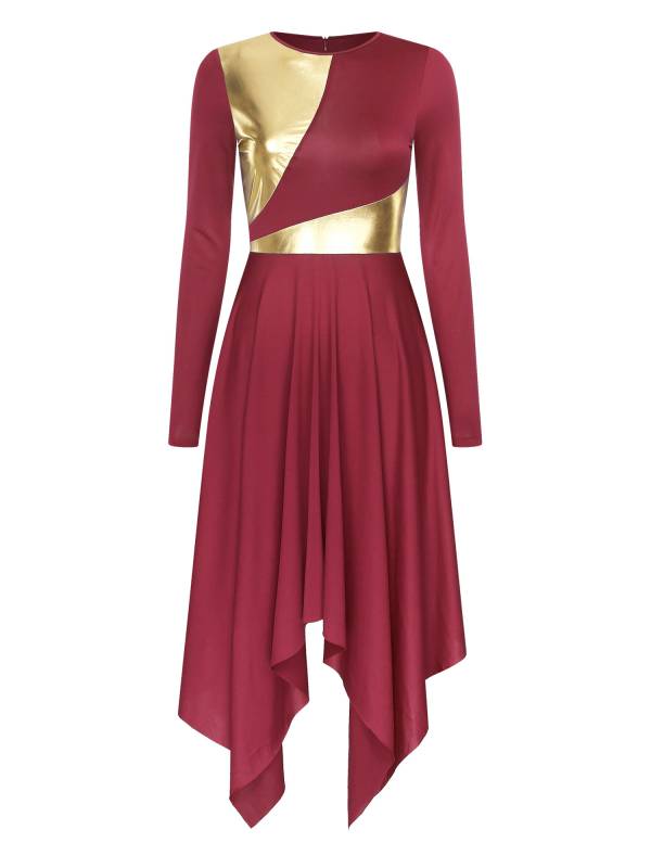Women Long Sleeve Metallic Asymmetrical Praise Dance Dress thumb