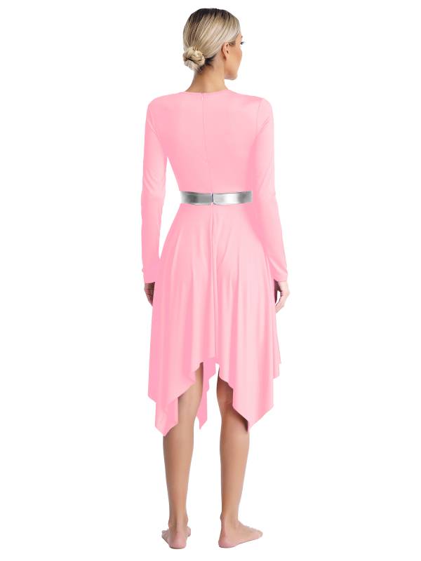 Women Long Sleeve Metallic Asymmetrical Praise Dance Dress thumb