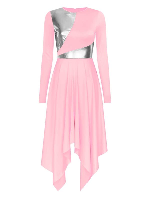 Women Long Sleeve Metallic Asymmetrical Praise Dance Dress thumb