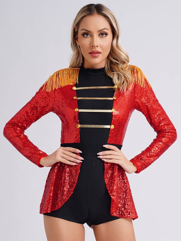 Women Colorblock Long Sleeve Sparkly Sequin Circus Ringmaster Jumpsuit thumb