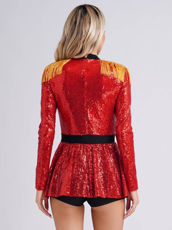 Women Colorblock Long Sleeve Sparkly Sequin Circus Ringmaster Jumpsuit thumb