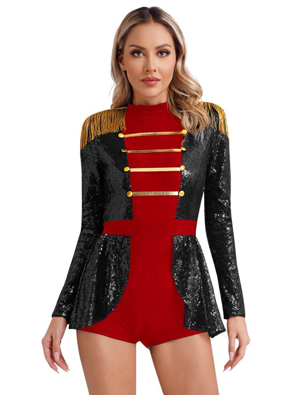 Women Colorblock Long Sleeve Sparkly Sequin Circus Ringmaster Jumpsuit thumb