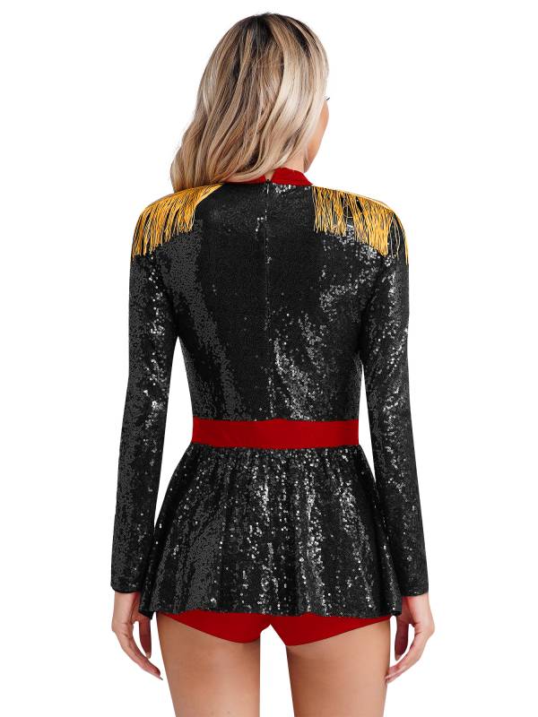 Women Colorblock Long Sleeve Sparkly Sequin Circus Ringmaster Jumpsuit thumb