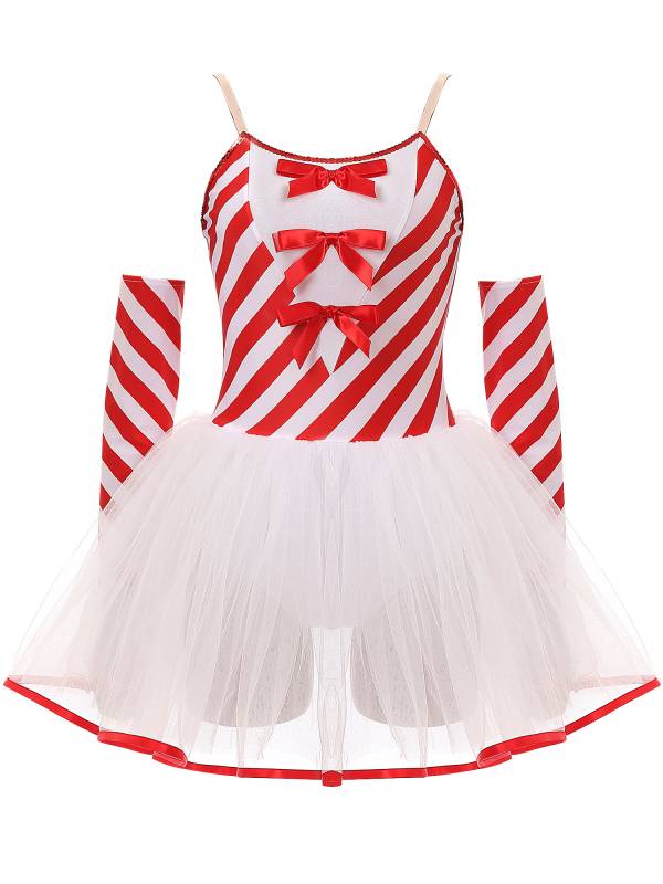 Women Christmas Sleeveless Stripes Candy Cane Tulle Tutu Dress with Gloves thumb