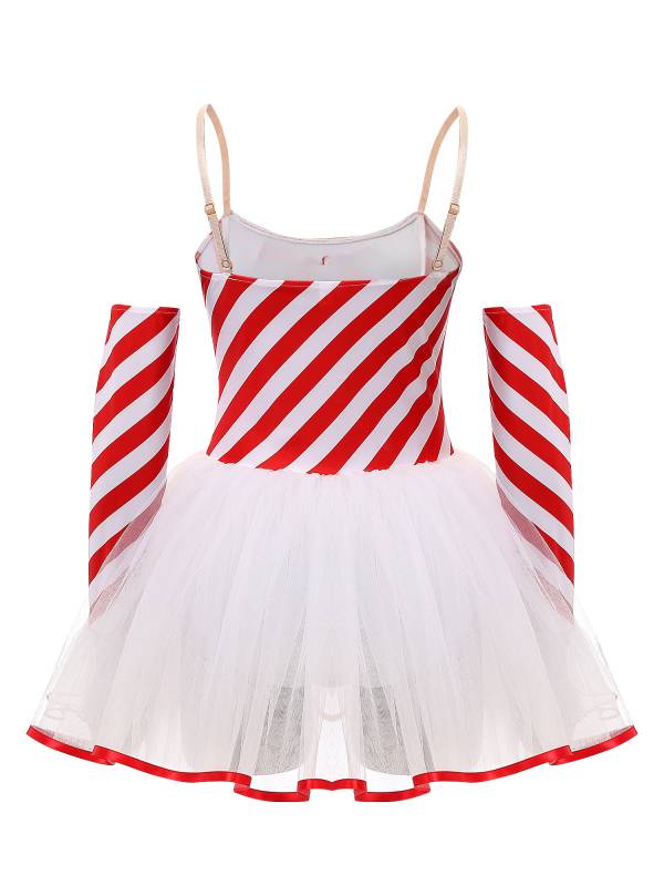 Women Christmas Sleeveless Stripes Candy Cane Tulle Tutu Dress with Gloves thumb