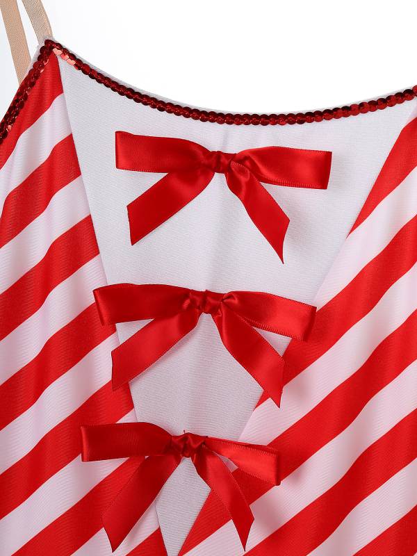 Women Christmas Sleeveless Stripes Candy Cane Tulle Tutu Dress with Gloves thumb
