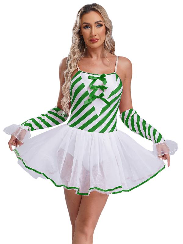 Women Christmas Sleeveless Stripes Candy Cane Tulle Tutu Dress with Gloves thumb