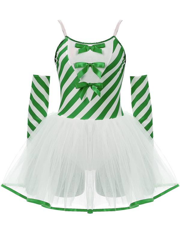 Women Christmas Sleeveless Stripes Candy Cane Tulle Tutu Dress with Gloves thumb