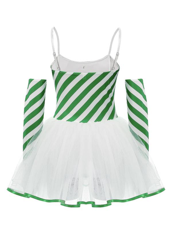 Women Christmas Sleeveless Stripes Candy Cane Tulle Tutu Dress with Gloves thumb