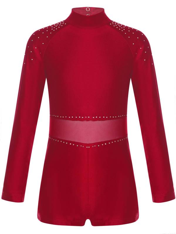 Kids Girls Glittery Rhinestones Long Sleeve Cut Out Back Gymnastic Leotard thumb