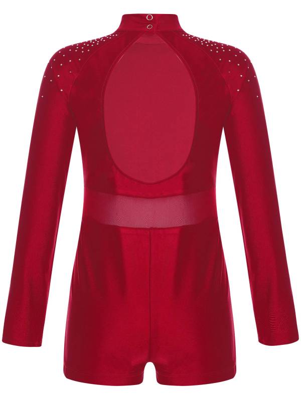 Kids Girls Glittery Rhinestones Long Sleeve Cut Out Back Gymnastic Leotard thumb
