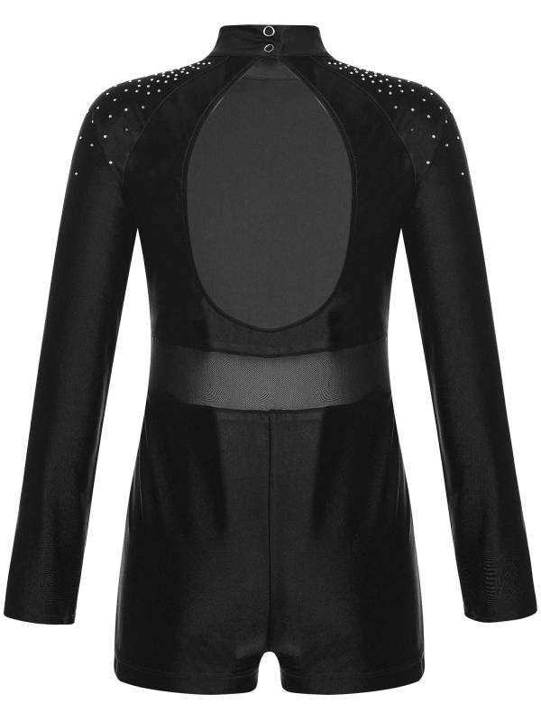 Kids Girls Glittery Rhinestones Long Sleeve Cut Out Back Gymnastic Leotard thumb