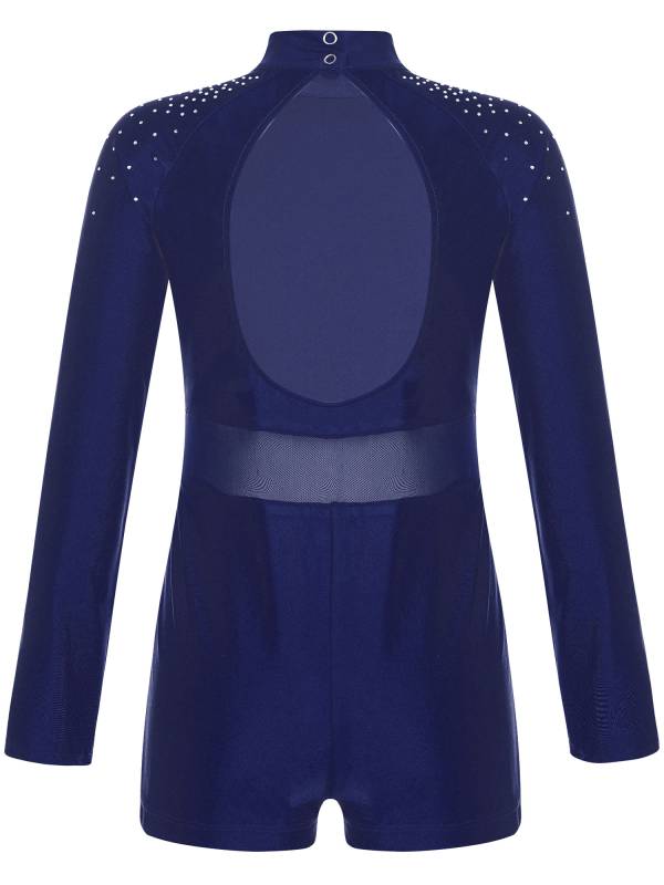 Kids Girls Glittery Rhinestones Long Sleeve Cut Out Back Gymnastic Leotard thumb