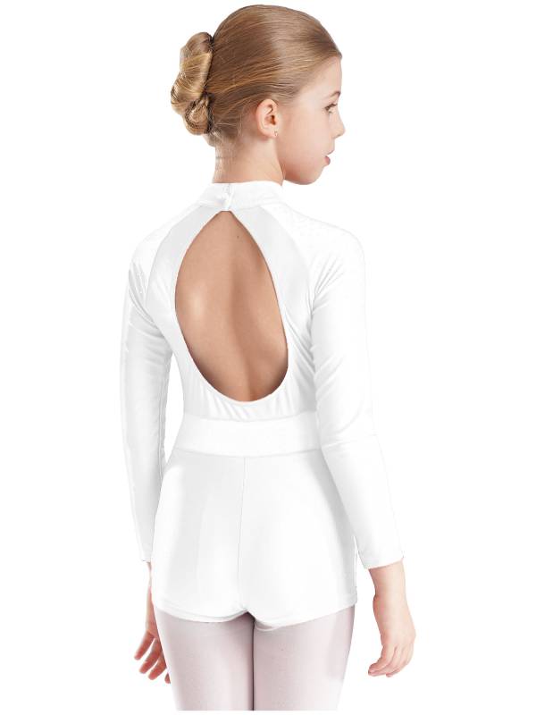 Kids Girls Glittery Rhinestones Long Sleeve Cut Out Back Gymnastic Leotard thumb