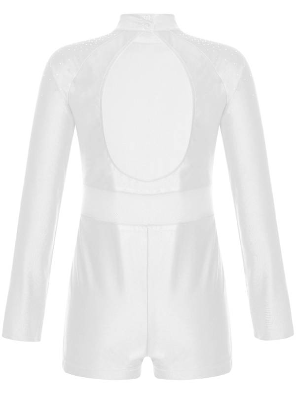 Kids Girls Glittery Rhinestones Long Sleeve Cut Out Back Gymnastic Leotard thumb