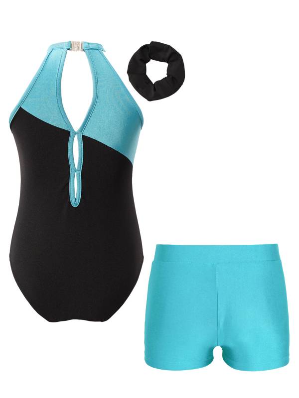 Kids Girls 3pcs Sleeveless Rhinestone Leotards with Shorts Sport Sets thumb