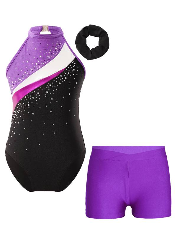 Kids Girls 3pcs Sleeveless Rhinestone Leotards with Shorts Sport Sets thumb