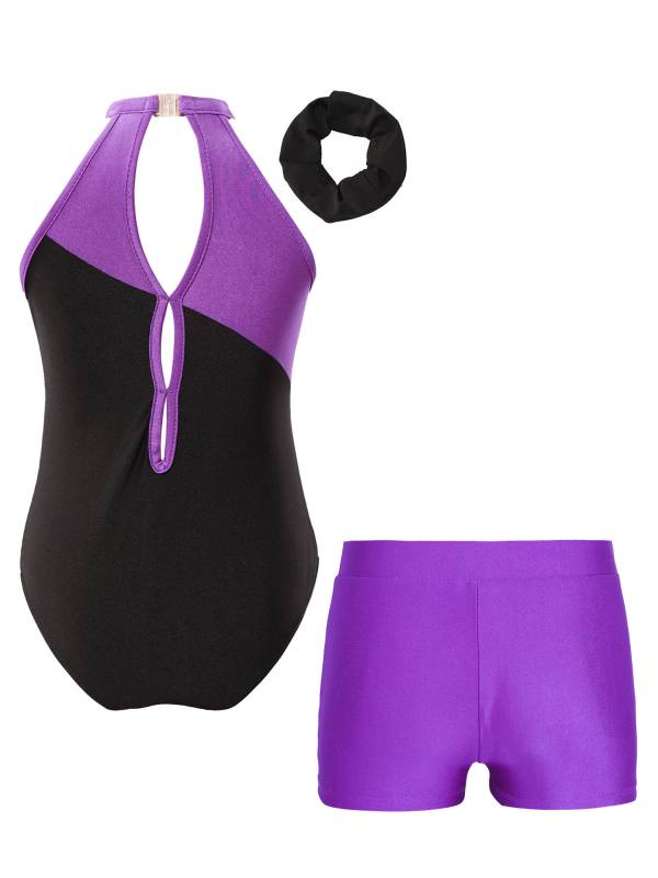 Kids Girls 3pcs Sleeveless Rhinestone Leotards with Shorts Sport Sets thumb
