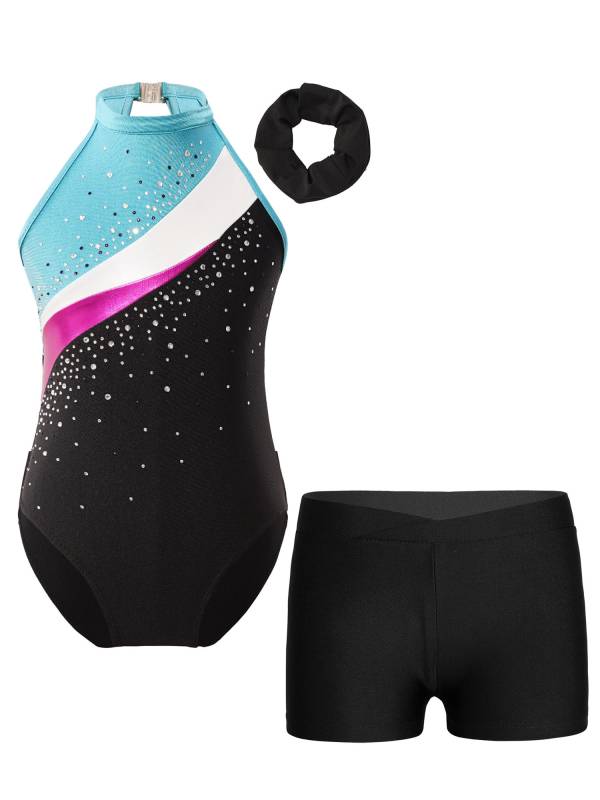 Kids Girls 3pcs Sleeveless Rhinestone Leotards with Shorts Sport Sets thumb