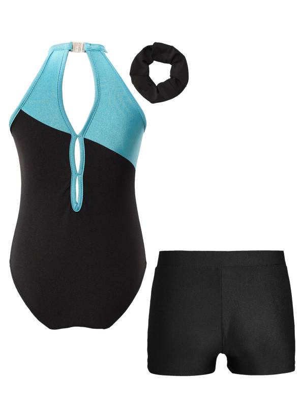 Kids Girls 3pcs Sleeveless Rhinestone Leotards with Shorts Sport Sets thumb