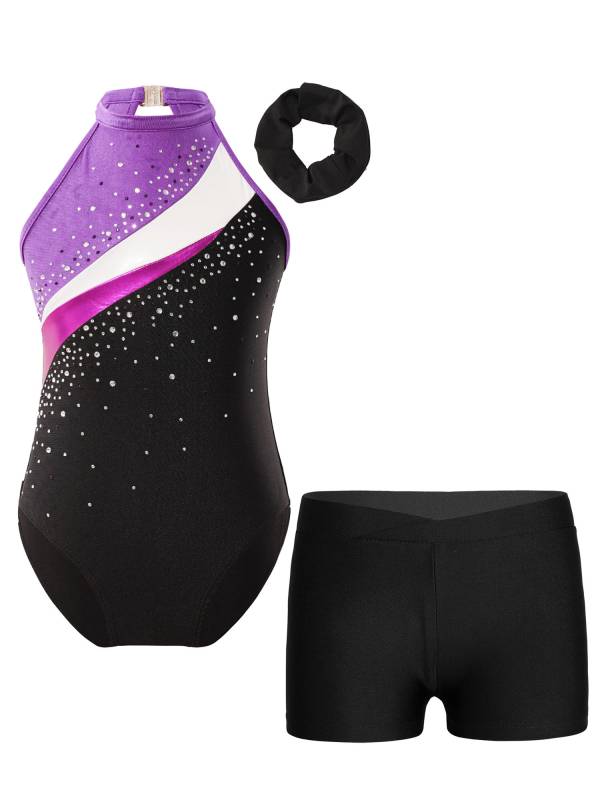 Kids Girls 3pcs Sleeveless Rhinestone Leotards with Shorts Sport Sets thumb